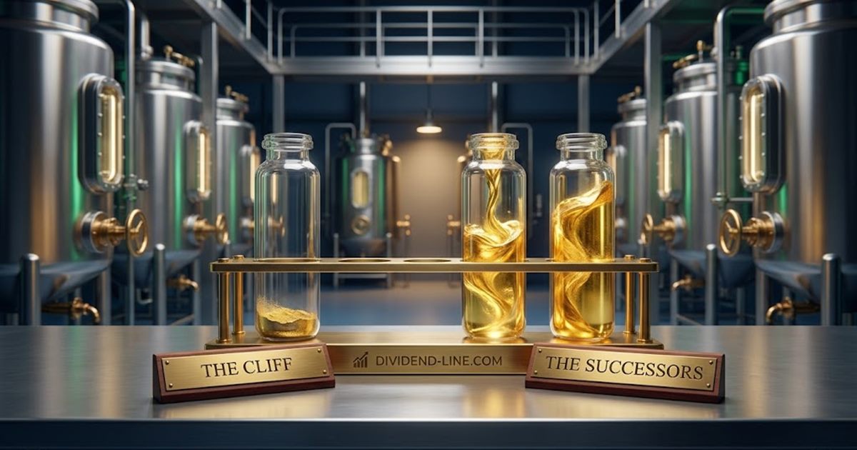 A gleaming pharmaceutical plant with steel vessels and brass valves; on a brass rack, one glass jar nearly empty with a little gold at the bottom above a plate reading THE CLIFF, and two jars swirling with liquid gold above a plate reading THE SUCCESSORS.