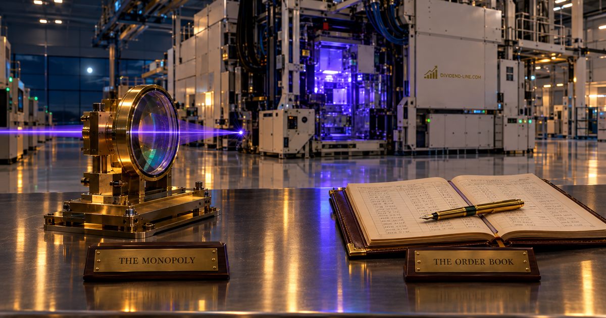 A vast assembly hall where a lithography machine glows violet inside; on a steel table, a brass-mounted lens focusing a thin violet beam above a plate reading THE MONOPOLY and an open leather ledger with a gold pen above a plate reading THE ORDER BOOK.