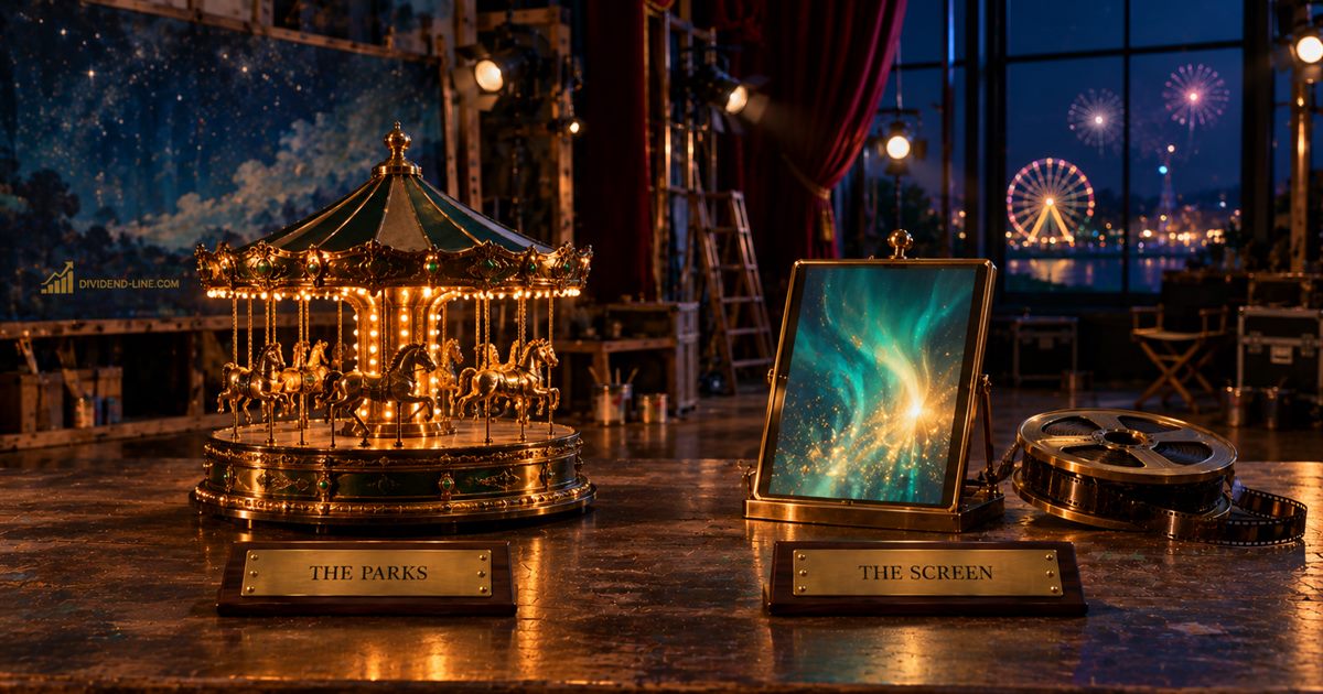 A theatre workshop at night with starry backdrops and, through the window, a lit Ferris wheel and fireworks; on a workbench, a glowing brass carousel above a plate reading THE PARKS and a glowing tablet beside a reel of film above a plate reading THE SCREEN.