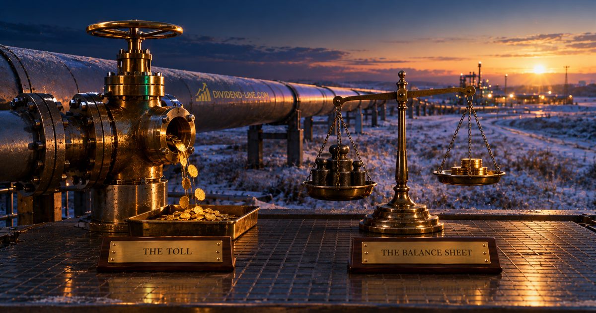 A steel pipeline crossing a frosted prairie at dawn toward a lit pumping station; on a platform, a brass valve pouring gold coins into a tray above a plate reading THE TOLL and a brass scale tipped by iron weights against a few coins above a plate reading THE BALANCE SHEET.
