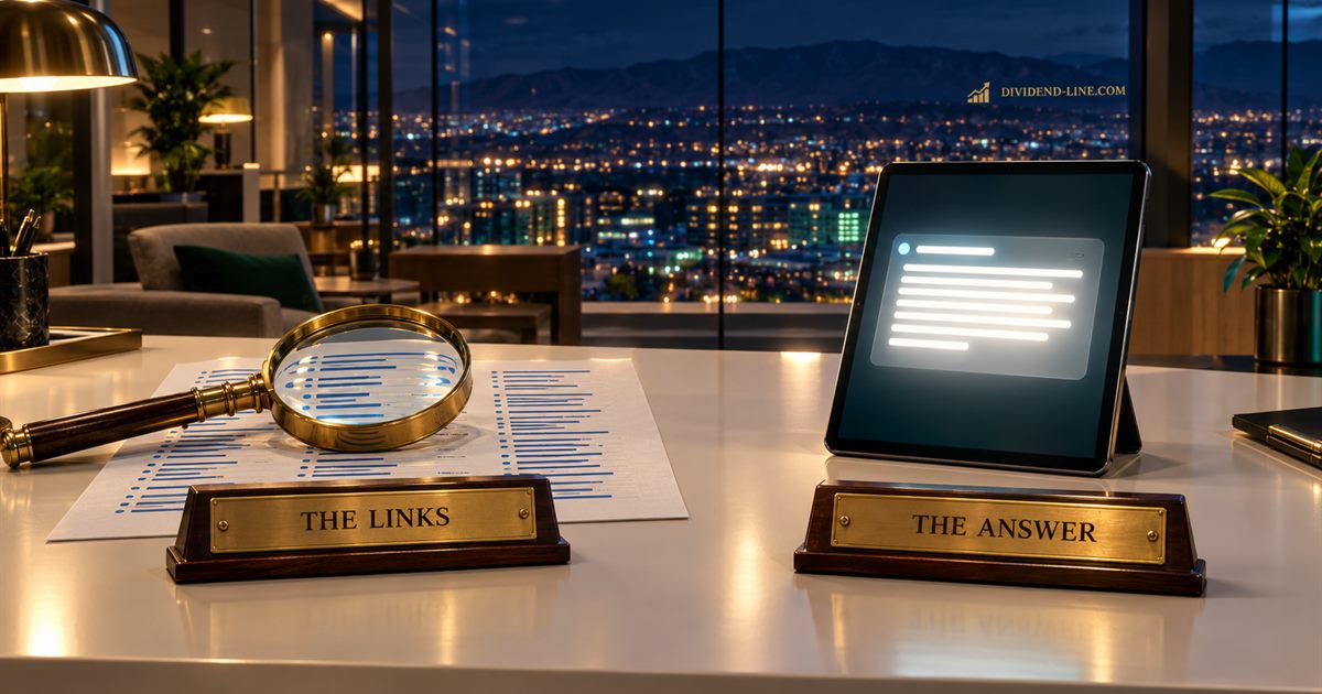 A modern Silicon Valley office at night overlooking a glittering valley; on a white desk, a brass magnifying glass on a printed page of blue link-like lines under a plate reading THE LINKS, and a tablet glowing with a single block of answer text under a plate reading THE ANSWER.