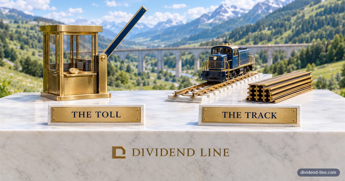 An alpine valley on a bright day with a stone viaduct behind: a brass toll booth with a navy barrier and a gold coin, beside a navy-and-brass locomotive on brass track and a stack of new rails, above two brass plaques reading 'The Toll' and 'The Track'.