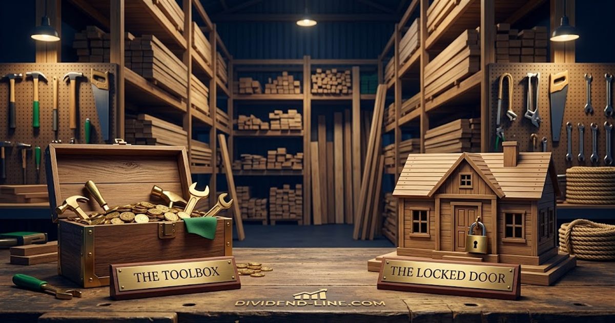 A dim lumber warehouse with shelves of timber and pegboards of tools; on a workbench, an open wooden toolbox full of tools and gold coins above a plate reading THE TOOLBOX, and a small wooden model house with a brass padlock on its door above a plate reading THE LOCKED DOOR.