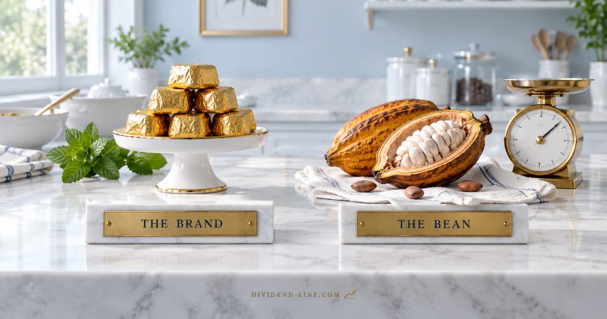 A bright white marble kitchen in daylight: a pyramid of gold-foil sweets on a porcelain stand above a brass plate reading THE BRAND, and a split cocoa pod on a linen napkin beside a brass kitchen scale above a plate reading THE BEAN.