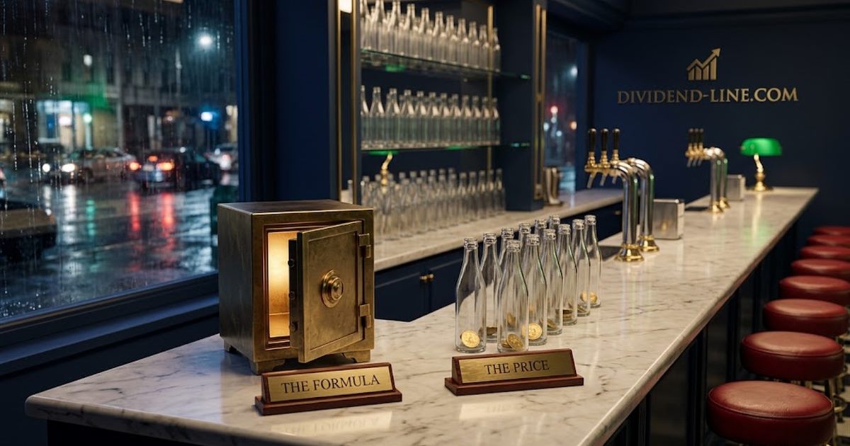 An empty 1950s soda fountain at night with a marble counter, brass taps and red stools, rain on the window; on the counter a small brass safe with its door ajar, glowing inside, above a plate reading THE FORMULA, and a row of plain glass bottles each holding a gold coin above a plate reading THE PRICE.