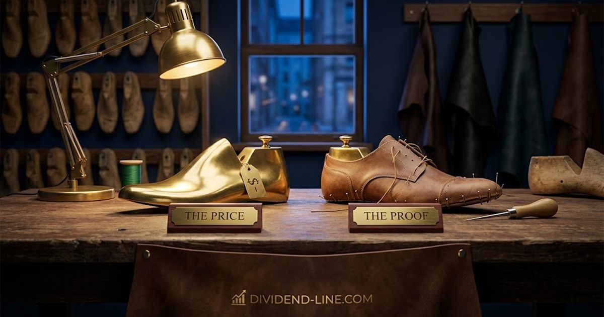 Two brass shoe lasts on a master shoemaker's bench, one polished with a marked-down price tag under a plate reading THE PRICE, the other holding a hand-stitched leather upper still pinned in place under a plate reading THE PROOF.