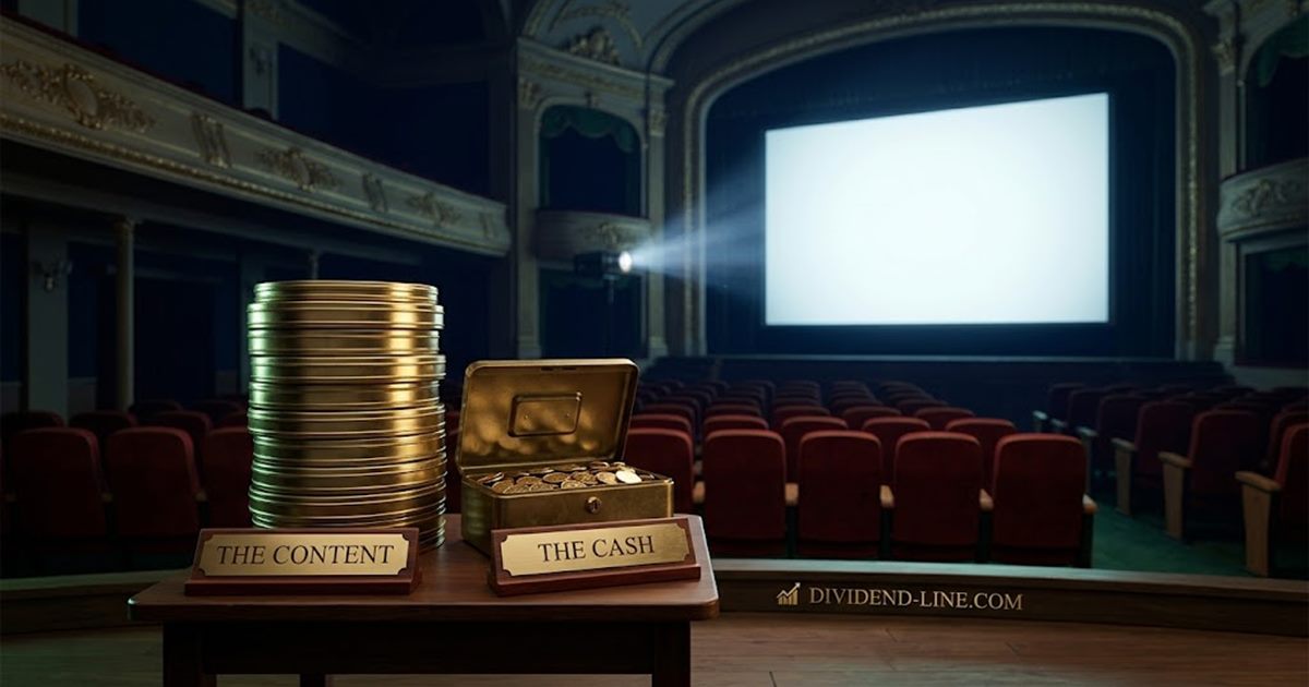 An empty old cinema with red velvet seats and a glowing blank screen lit by a projector beam; on a small table in the foreground, a tall stack of gold coins above a plate reading THE CONTENT and an open brass cash box filled with coins above a plate reading THE CASH.