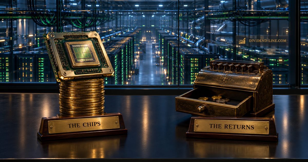 The glass control room of a giant AI data centre at night, rows of server racks glowing below; on the desk, a brass-and-silicon accelerator module on a tall stack of gold coins under a plate reading THE CHIPS, and an antique cash-register drawer holding only a few coins under a plate reading THE RETURNS.