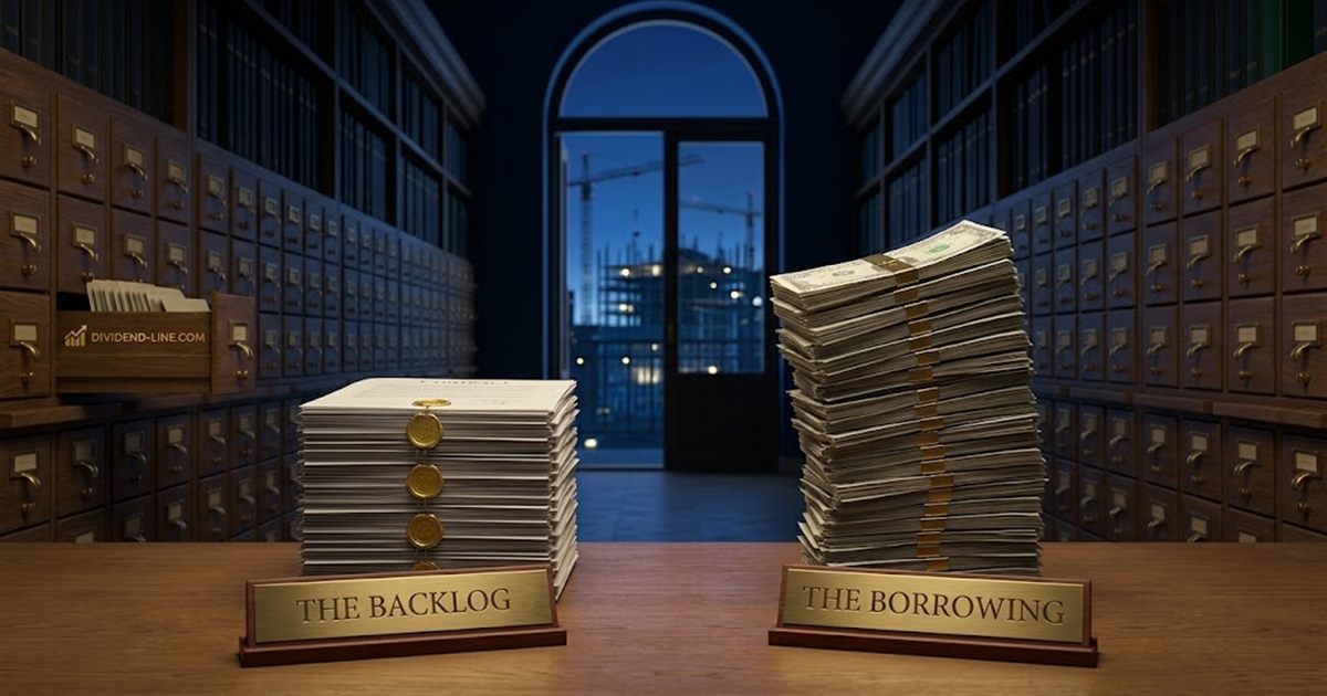 An old records archive at night with rows of card-catalogue drawers and a data-centre construction site beyond an arched doorway; on the table, a stack of wax-sealed contracts under a plate reading THE BACKLOG and a taller, leaning pile of notes under a plate reading THE BORROWING.