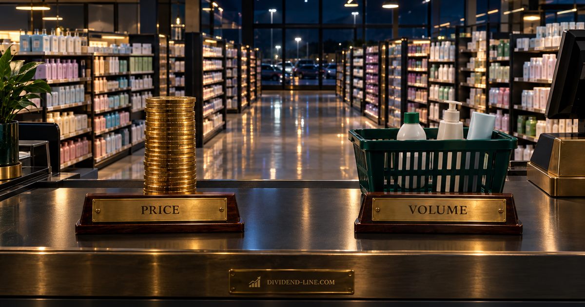 An empty supermarket at night, aisles of plain unbranded bottles and boxes under soft lights; at a checkout counter, a tall stack of gold coins above a plate reading PRICE, and a green basket holding a few plain bottles above a plate reading VOLUME.