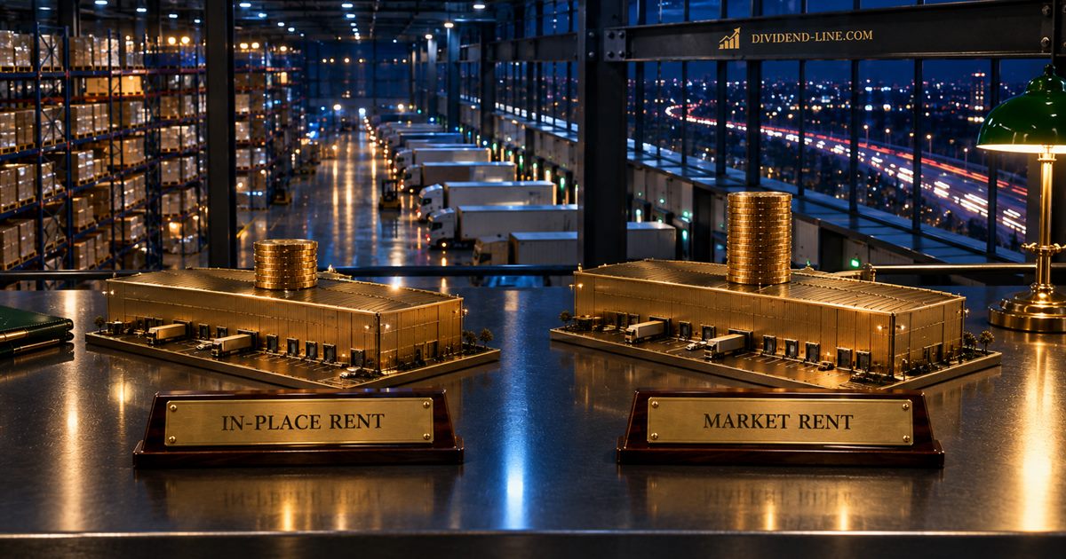 A vast warehouse at night with rows of loading bays and a highway of light trails beyond the windows; on a dark counter, two gold models of warehouses, one with a short stack of coins above a plate reading IN-PLACE RENT and one with a taller stack above a plate reading MARKET RENT.
