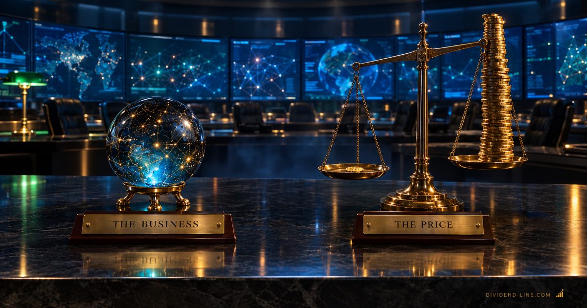 A dark command room of glowing blue data screens: a crystal globe of gold constellations above a plate reading THE BUSINESS, and a brass scale weighed down by a towering stack of gold coins above a plate reading THE PRICE.