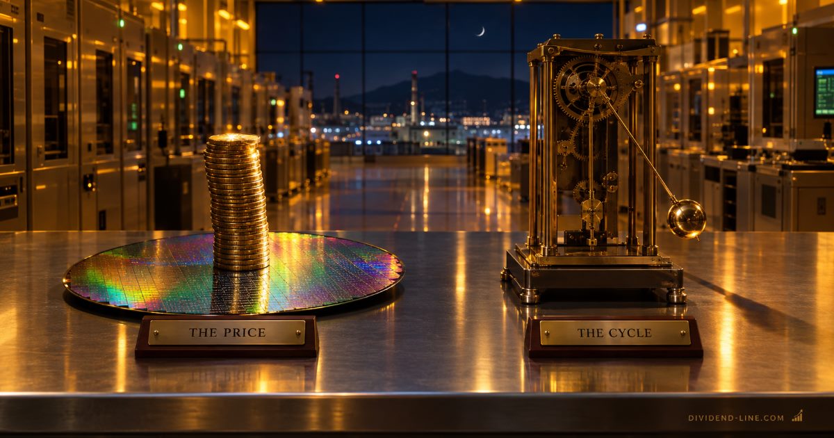 A semiconductor cleanroom at night in amber light: on a steel bench, a tall leaning stack of gold coins on an iridescent silicon wafer above a plate reading THE PRICE, and a brass pendulum clock caught at the end of its swing above a plate reading THE CYCLE.