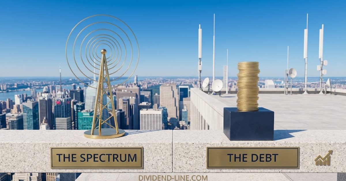 The roof of a Manhattan skyscraper on a clear day with antenna masts and the city below: a brass radio tower with brass signal rings above a plate reading THE SPECTRUM, and a stack of gold coins on a heavy navy steel block above a plate reading THE DEBT.