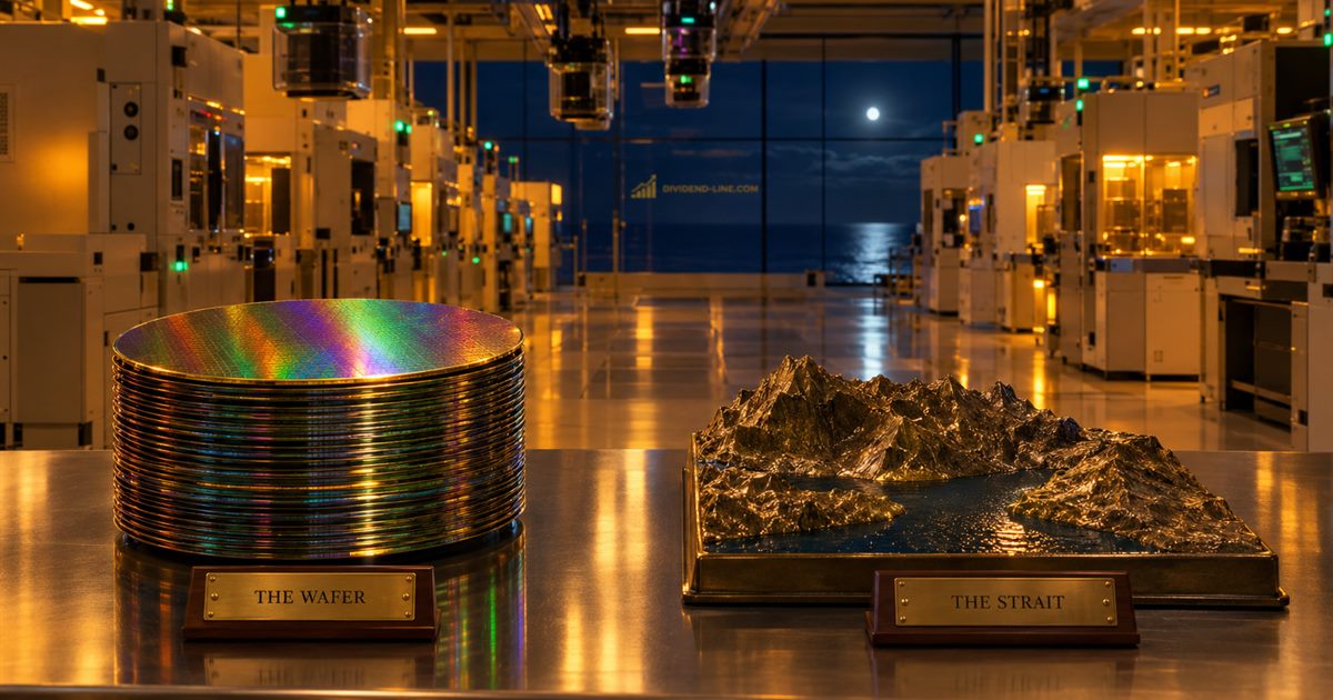 A semiconductor cleanroom at night in amber light, a dark sea under the moon beyond the window; on a steel bench, a stack of iridescent silicon wafers above a plate reading THE WAFER and a brass relief model of a mountainous island in a dark sea above a plate reading THE STRAIT.