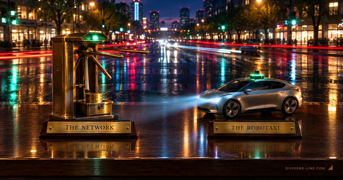 A wet city street at night streaked with car lights: a brass toll turnstile holding gold coins above a plate reading THE NETWORK, facing a small silver driverless car with a glowing sensor above a plate reading THE ROBOTAXI.