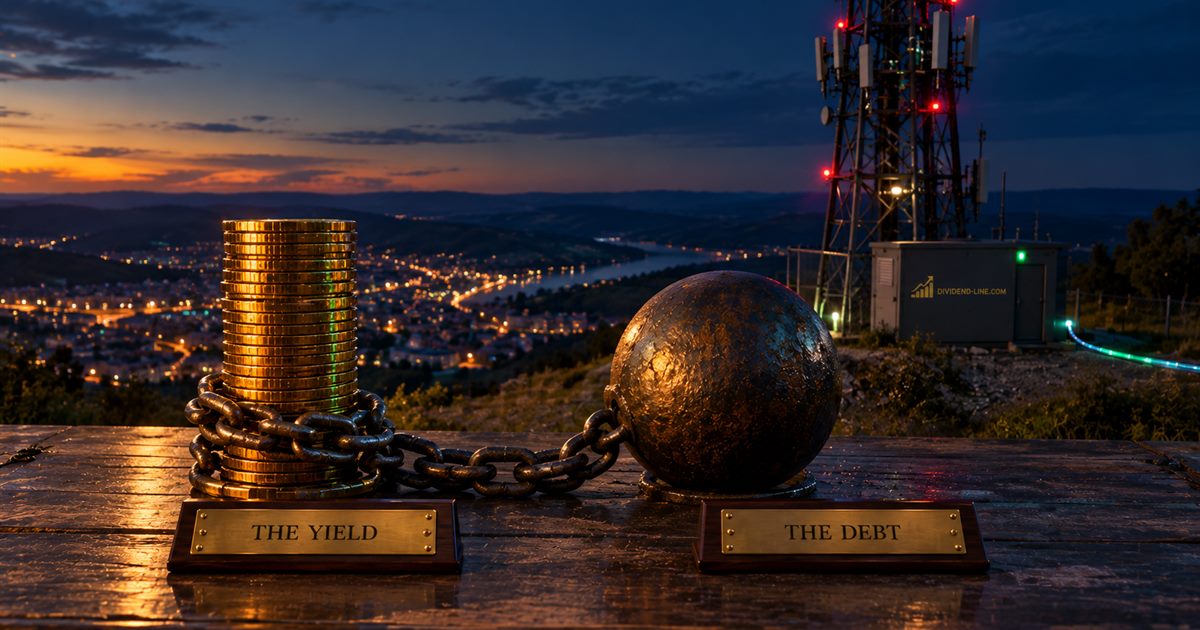 A hilltop at dusk above a lit town with a telecommunications tower and its red lights; on a wooden table, a tall stack of gold coins above a plate reading THE YIELD, chained to a heavy iron ball above a plate reading THE DEBT.