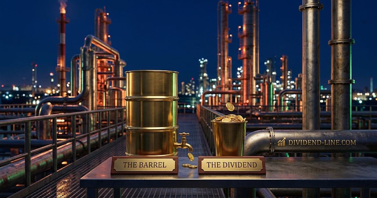 A refinery at night, towers and pipes lit against a dark blue sky; on a steel walkway, a brass oil barrel with a small tap pouring gold coins into a brass cup, above a plate reading THE BARREL, beside a plate reading THE DIVIDEND.