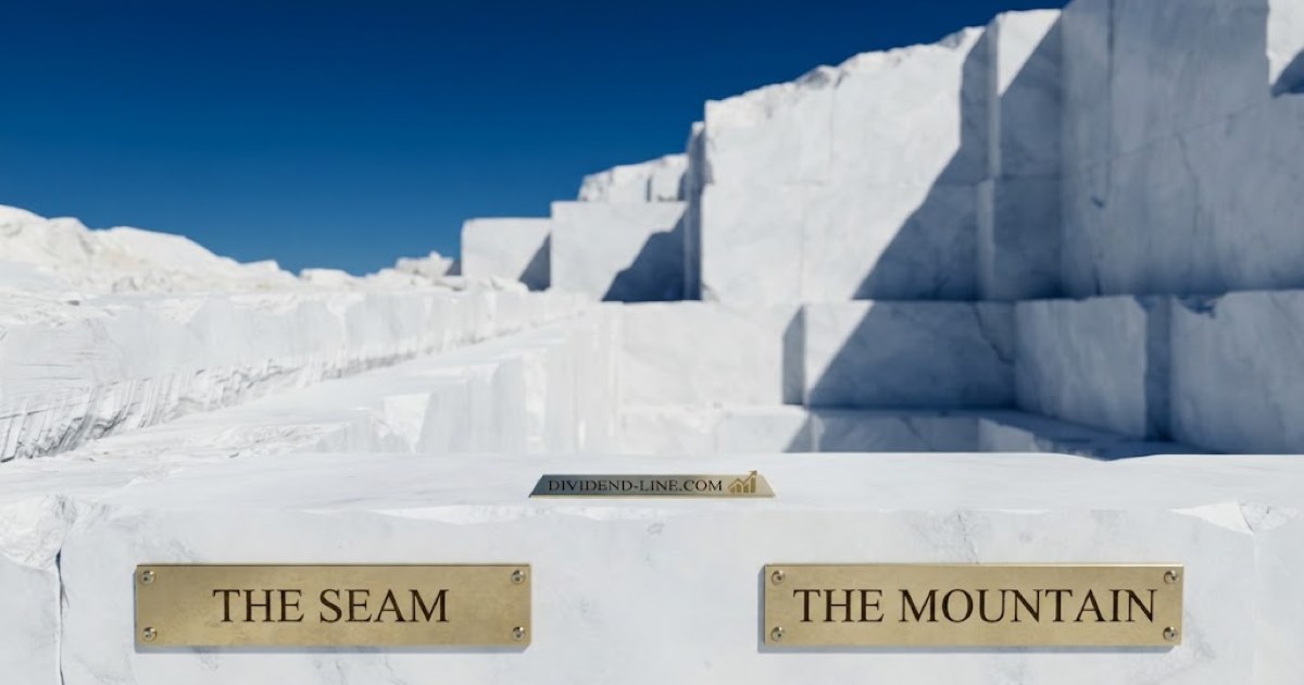 A white marble quarry at midday under a deep blue sky: a thin worked-out seam almost entirely cut away in the foreground, and behind it an immense untouched quarry face, between brass plaques reading THE SEAM and THE MOUNTAIN.