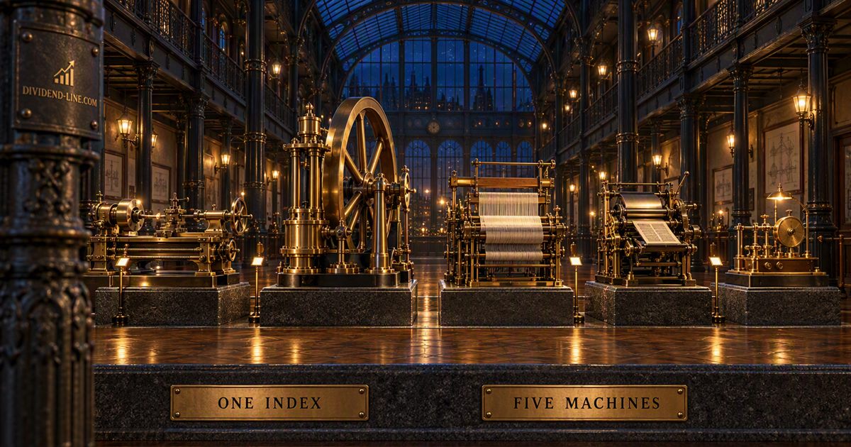 A Victorian machine hall at night with five entirely different brass machines standing in a row on granite beds, each lit separately, between brass plates reading ONE INDEX and FIVE MACHINES.