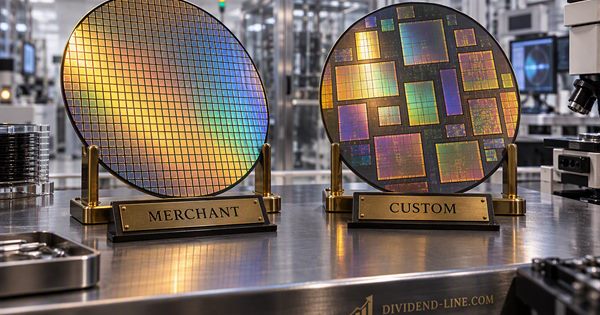 Two silicon wafers in brass holders on a cleanroom bench: the left one a perfect grid of identical dies under a plate reading MERCHANT, the right one a patchwork of large irregular dies under a plate reading CUSTOM.