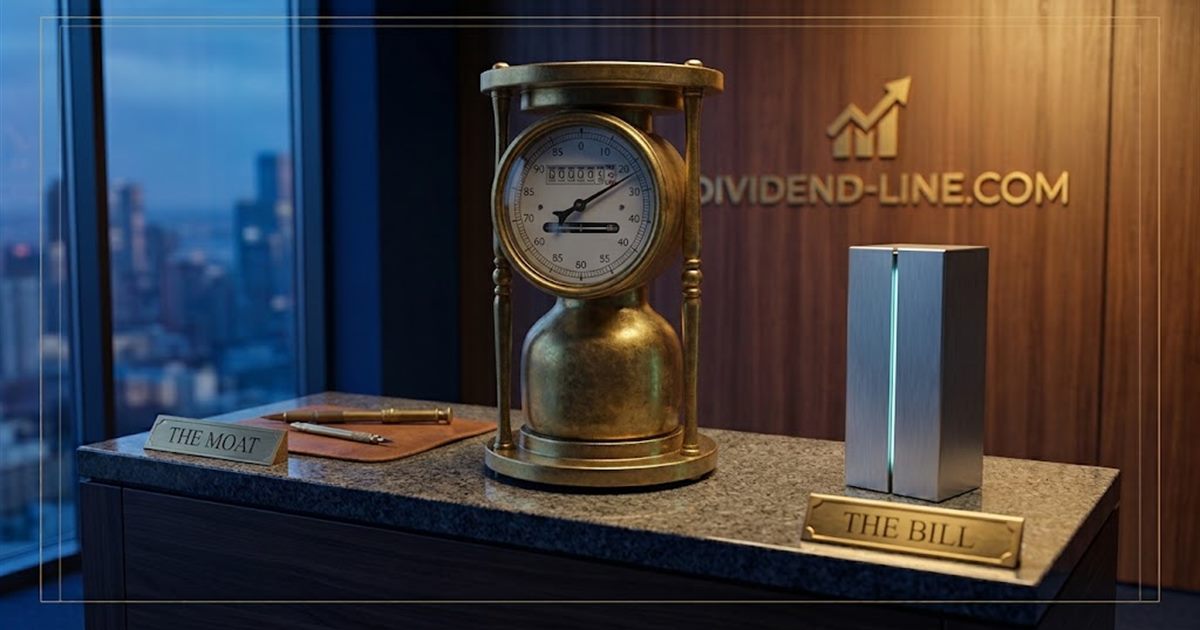 Antique brass drawing tools beside a modern metal monolith, with a brass utility meter running high between them, under engraved plates reading THE MOAT and THE BILL.