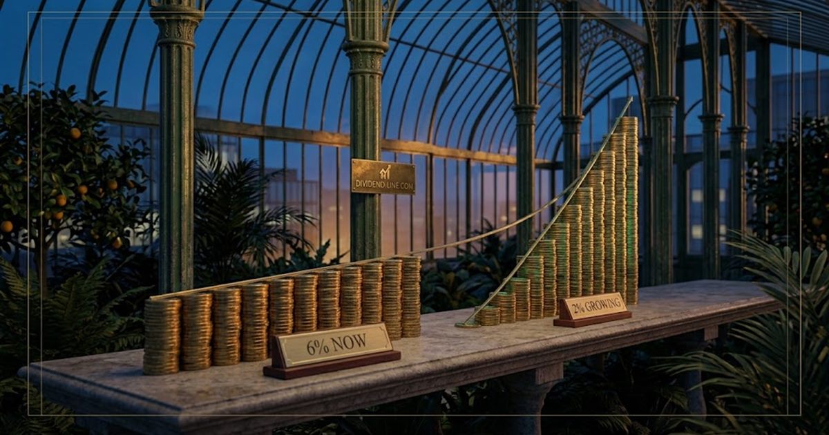 Two staircases built from gold coins: the low, steep one rises to cross above the tall, flat one, under engraved brass plates reading 6% NOW and 2% GROWING.
