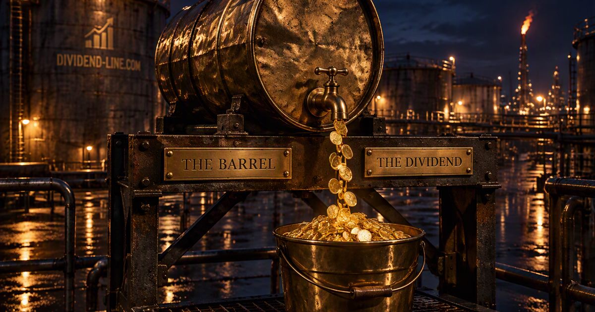 At an oil terminal at night, a battered brass barrel on a steel gantry pours a stream of gold coins from its tap into an almost-full pail, between brass plates reading THE BARREL and THE DIVIDEND.