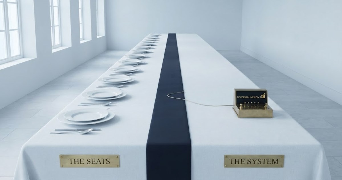 A long refectory table under crisp white linen in cool bright daylight, two dozen identical place settings receding down one half and the other half cleared bare except for a single small brass terminal, between plaques reading THE SEATS and THE SYSTEM.