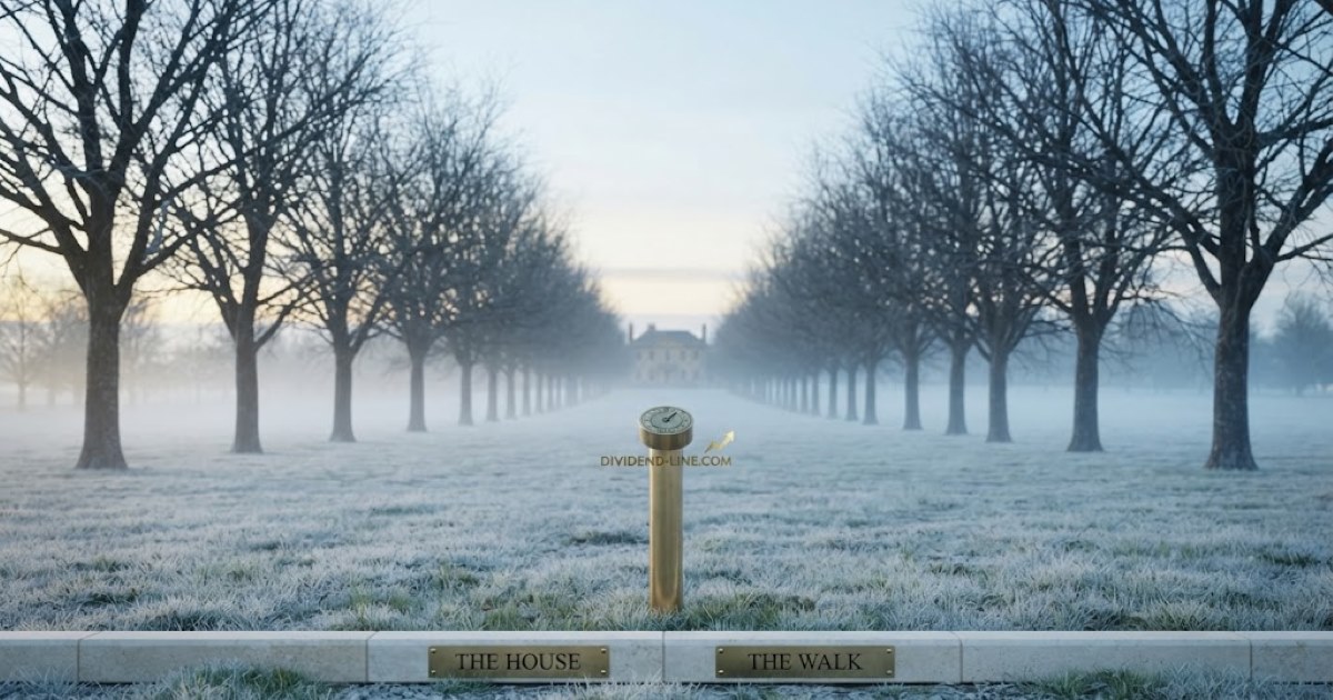 A long avenue of bare winter trees at first light, frost on the ground and pale mist between the trunks, a stone house small and distant at the far end, with a brass marker post in the foreground between plaques reading THE HOUSE and THE WALK.