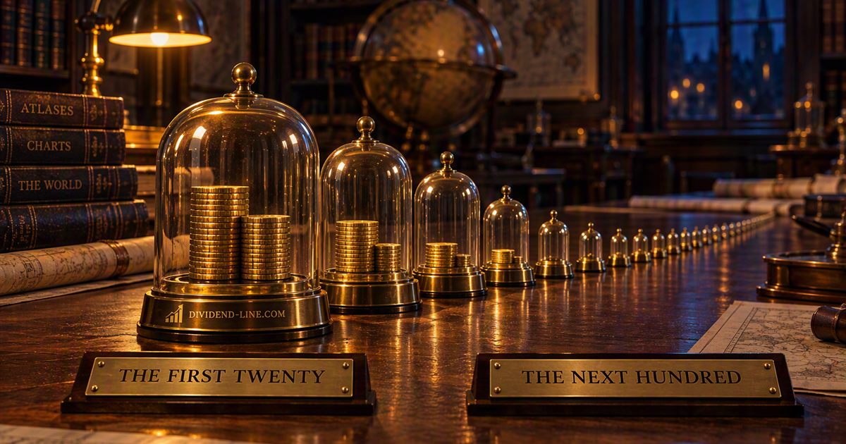 In a map room at night, a receding row of brass bell jars on a walnut table, each smaller than the last until the final ones cover nothing at all, between plates reading THE FIRST TWENTY and THE NEXT HUNDRED.