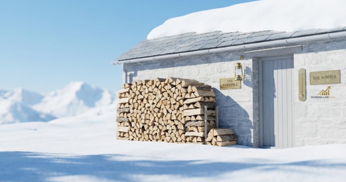 A pale stone mountain hut on a bright clear winter day, deep snow with blue shadows and distant white peaks, a very large neatly stacked woodpile against the sunlit wall, between brass plaques reading THE WOODPILE and THE WINTER.