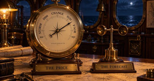 In a ship's chart room at night, a large brass barometer with its needle pushed high beside a still weather instrument, between brass plates reading THE PRICE and THE FORECAST.