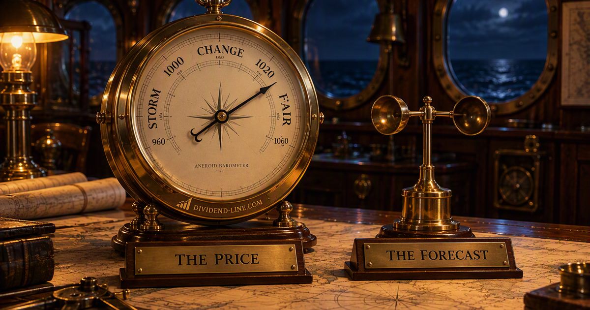 In a ship's chart room at night, a large brass barometer with its needle pushed high beside a still weather instrument, between brass plates reading THE PRICE and THE FORECAST.
