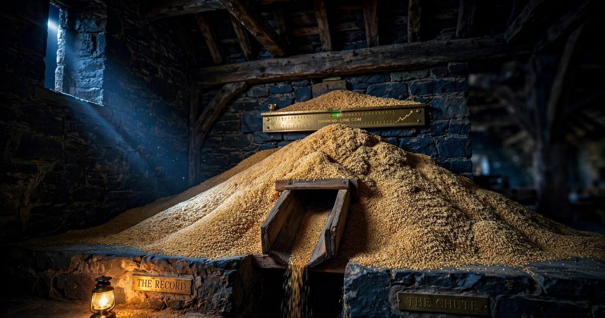 In a stone granary at night, a heap of golden grain stands above a brass level plate marking the previous high while a wooden chute at its base quietly drains grain away into the dark, between brass plates reading THE RECORD and THE CHUTE.