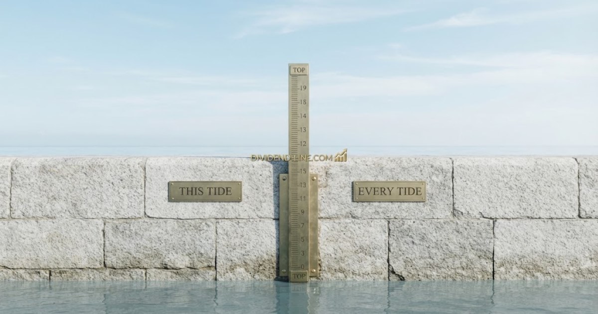 A brass tide gauge set into a pale granite harbour wall on a bright clear day, its engraved marks running from a low plate near the bottom to a high plate near the top, with the water standing right at the top mark, between plaques reading THIS TIDE and EVERY TIDE.