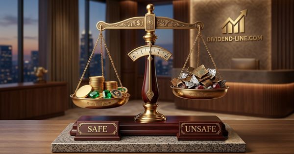 A pair of brass scales: one pan holding gold coins and emeralds under a plate reading SAFE, the other holding crumpled foil and rubble under a plate reading UNSAFE.