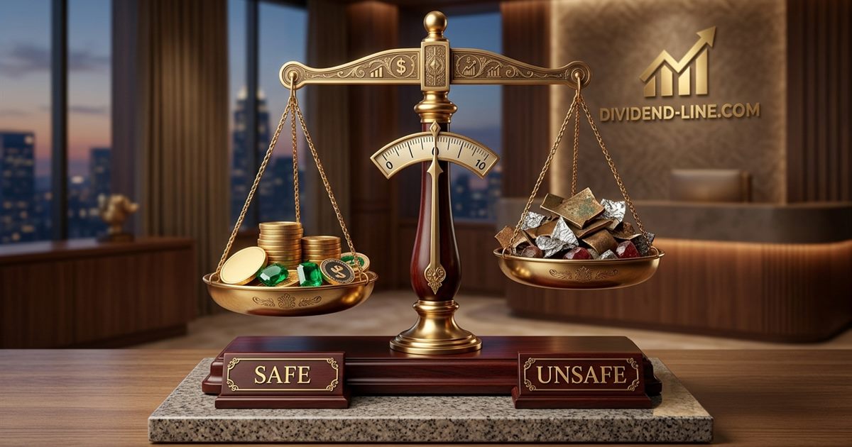 A pair of brass scales: one pan holding gold coins and emeralds under a plate reading SAFE, the other holding crumpled foil and rubble under a plate reading UNSAFE.
