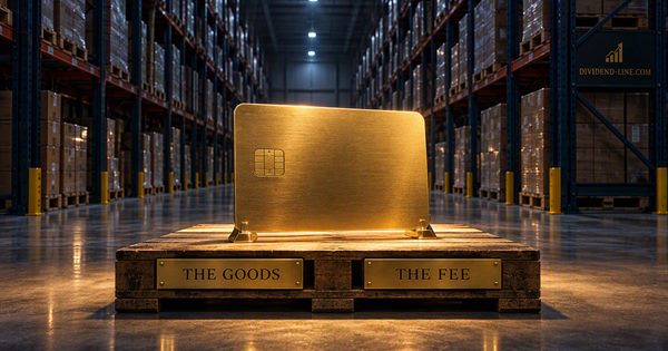 A darkened wholesale warehouse aisle at night with a single spotlit pallet at the end, on it an oversized gold membership card standing upright, between brass plates reading THE GOODS and THE FEE.