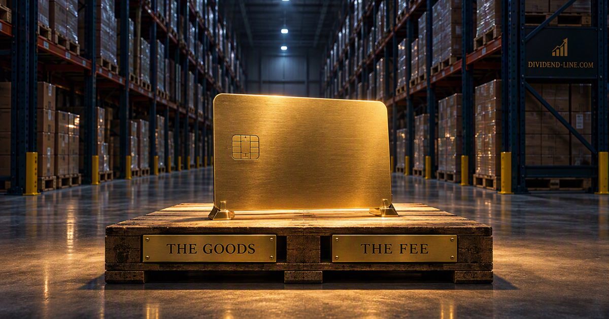 A darkened wholesale warehouse aisle at night with a single spotlit pallet at the end, on it an oversized gold membership card standing upright, between brass plates reading THE GOODS and THE FEE.