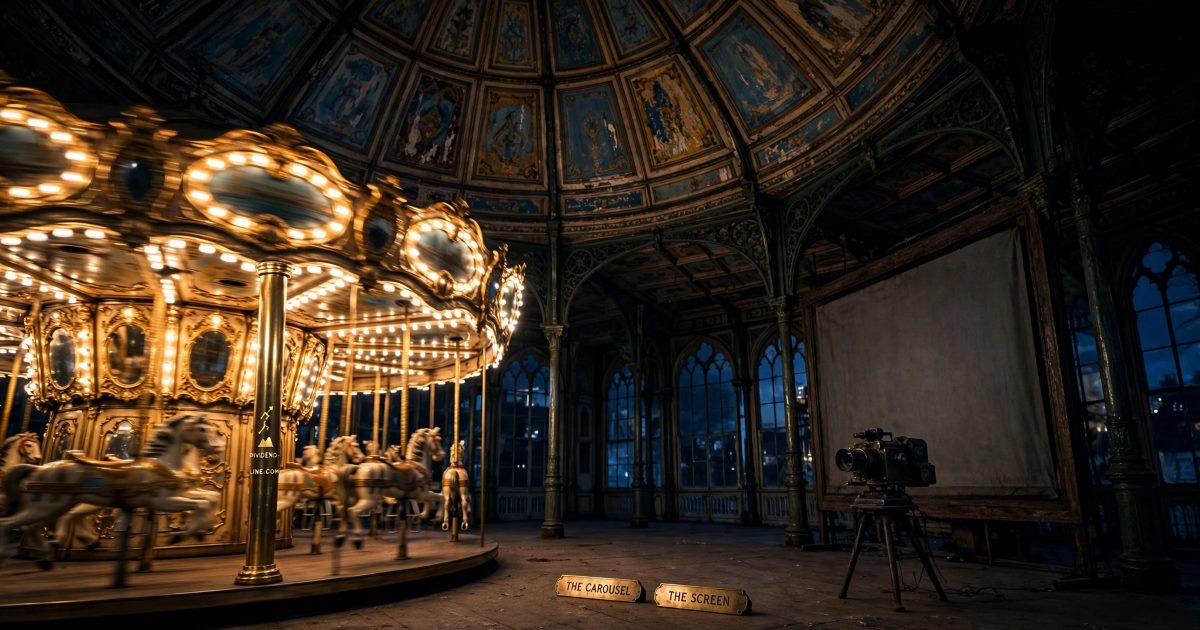 In an old fairground pavilion at night, a gilded antique carousel stands lit and turning with hundreds of warm bulbs while a large projection screen hangs dark and slack in its frame beside a dead projector, between brass plates reading THE CAROUSEL and THE SCREEN.