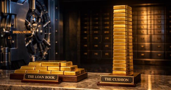 Inside a bank vault: on a marble counter, a wide low stack of gold bars under a brass plate reading THE LOAN BOOK, and a tall narrow column of bars under a plate reading THE CUSHION.