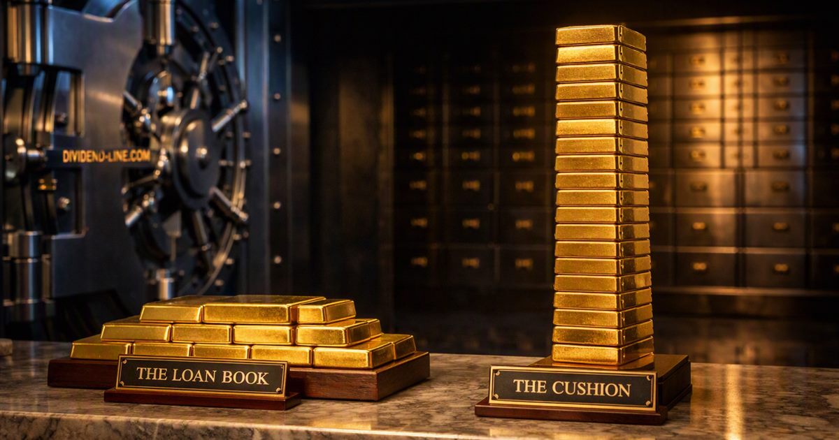 Inside a bank vault: on a marble counter, a wide low stack of gold bars under a brass plate reading THE LOAN BOOK, and a tall narrow column of bars under a plate reading THE CUSHION.