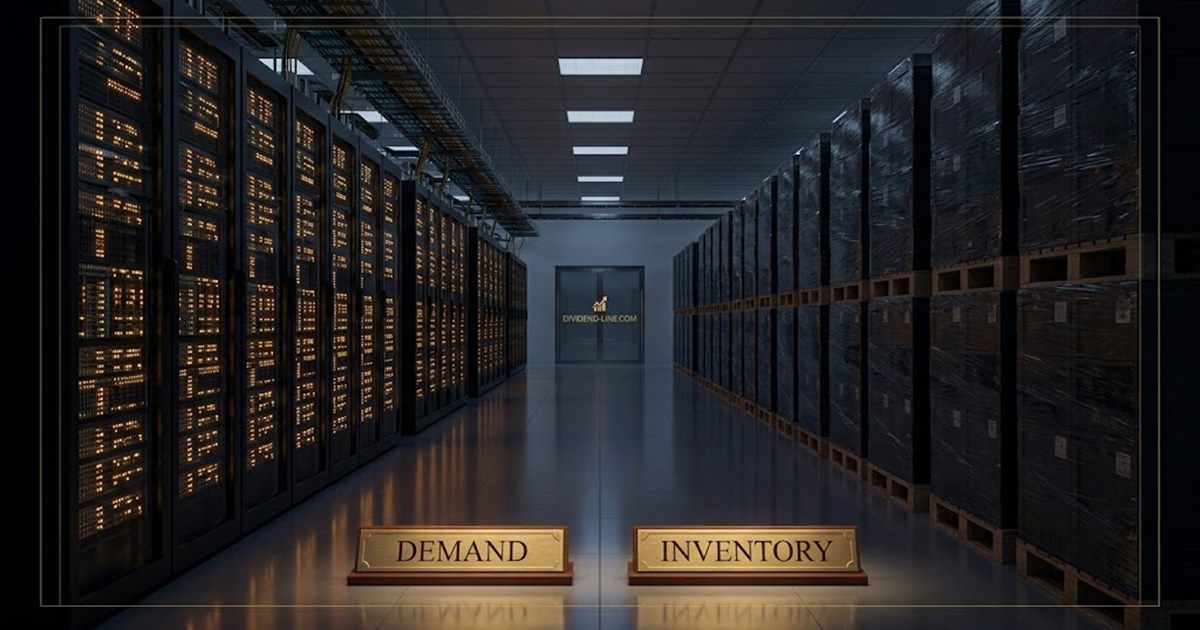 A data centre corridor at night: on the left an aisle of server racks alive with amber status lights, on the right an identical aisle stacked with sealed, unlit pallets, under illuminated floor signs reading DEMAND and INVENTORY.