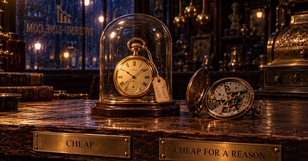 On a pawnbroker's counter at night, a gleaming gold pocket watch under a glass dome with a conspicuously cheap price tag, its open back revealing gear teeth missing, between brass plates reading CHEAP and CHEAP FOR A REASON.