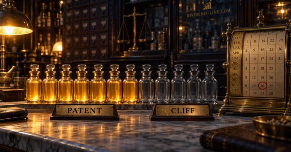 On an apothecary counter, a row of glass bottles: the first seven full of glowing golden liquid under a brass plate reading PATENT, the rest empty and clear under a plate reading CLIFF, with a brass perpetual calendar beside them showing one date circled in red.