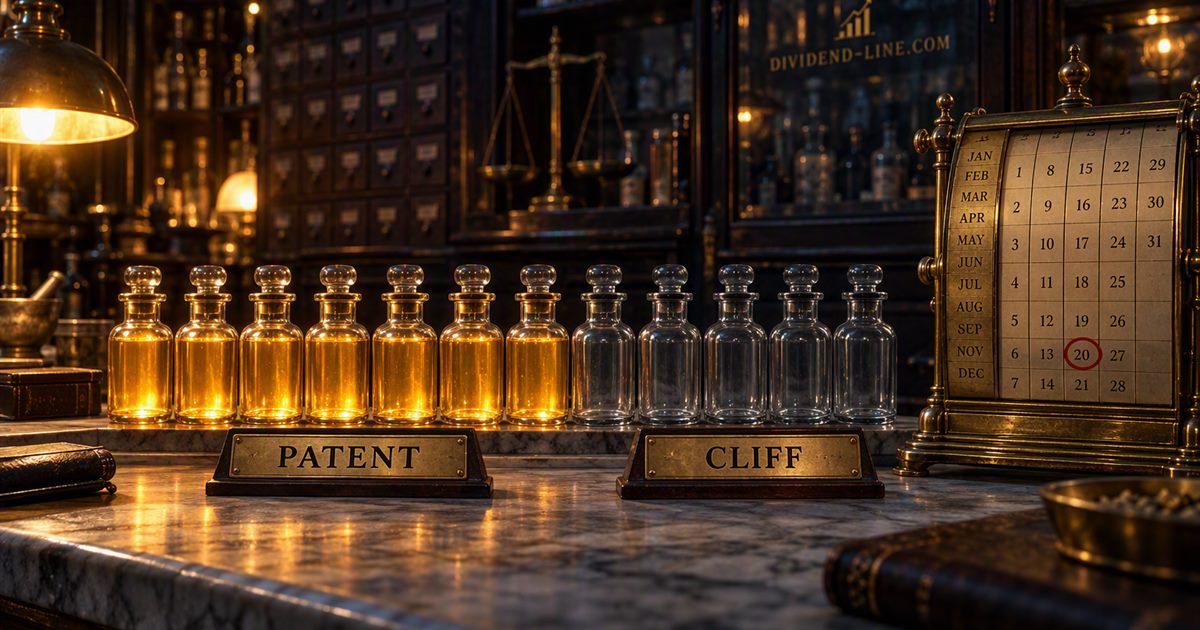 On an apothecary counter, a row of glass bottles: the first seven full of glowing golden liquid under a brass plate reading PATENT, the rest empty and clear under a plate reading CLIFF, with a brass perpetual calendar beside them showing one date circled in red.