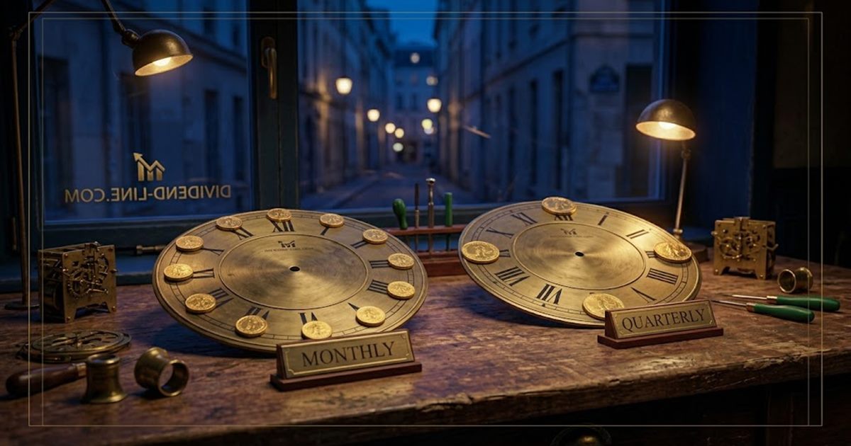 Two brass clock faces, one ringed with twelve small gold coins and the other with four larger ones, under engraved brass plates reading MONTHLY and QUARTERLY.