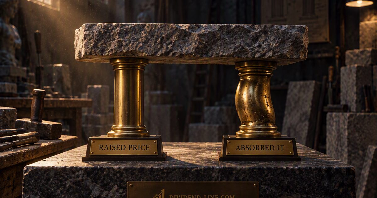In a stonemason's workshop, a heavy stone slab rests on two brass columns: the left one straight and unmarked under a plate reading RAISED PRICE, the right one buckled and compressed under a plate reading ABSORBED IT.