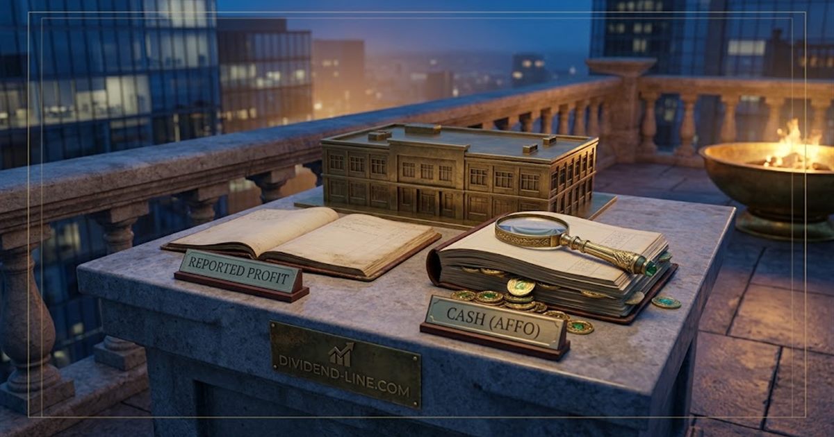 A brass model of a commercial building between two ledgers — one nearly empty under a plate reading REPORTED PROFIT, the other overflowing with gold coins under a plate reading CASH (AFFO).